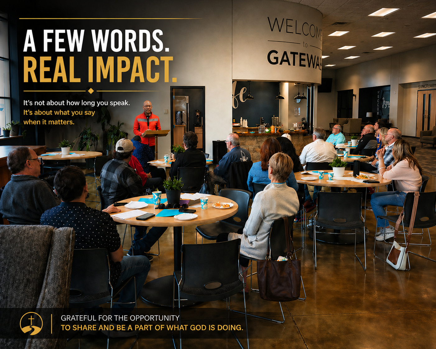 Ronald Henderson speaking at Gateway Church to a room of attendees